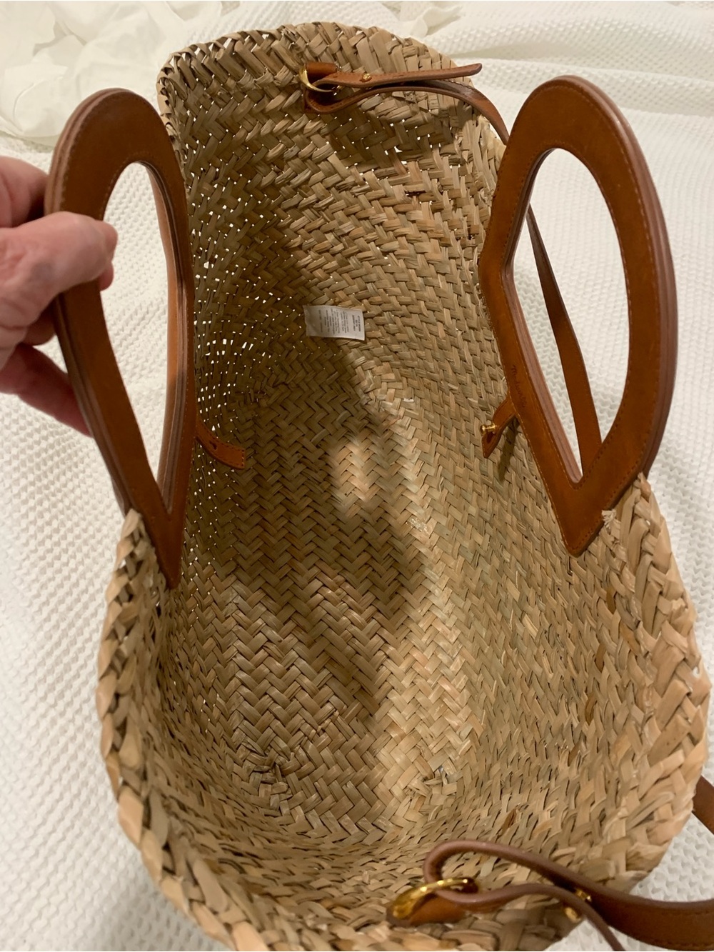 Woven Straw Tote Bag with Tan Leather Trim - Picture 3 of 10
